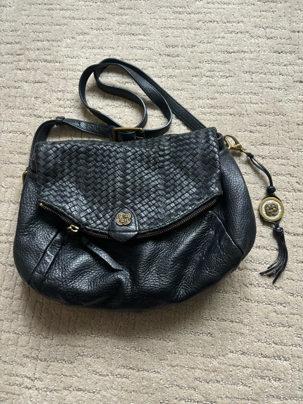 Elliott Lucca Black Woven Leather Crossbody with Gold Accents